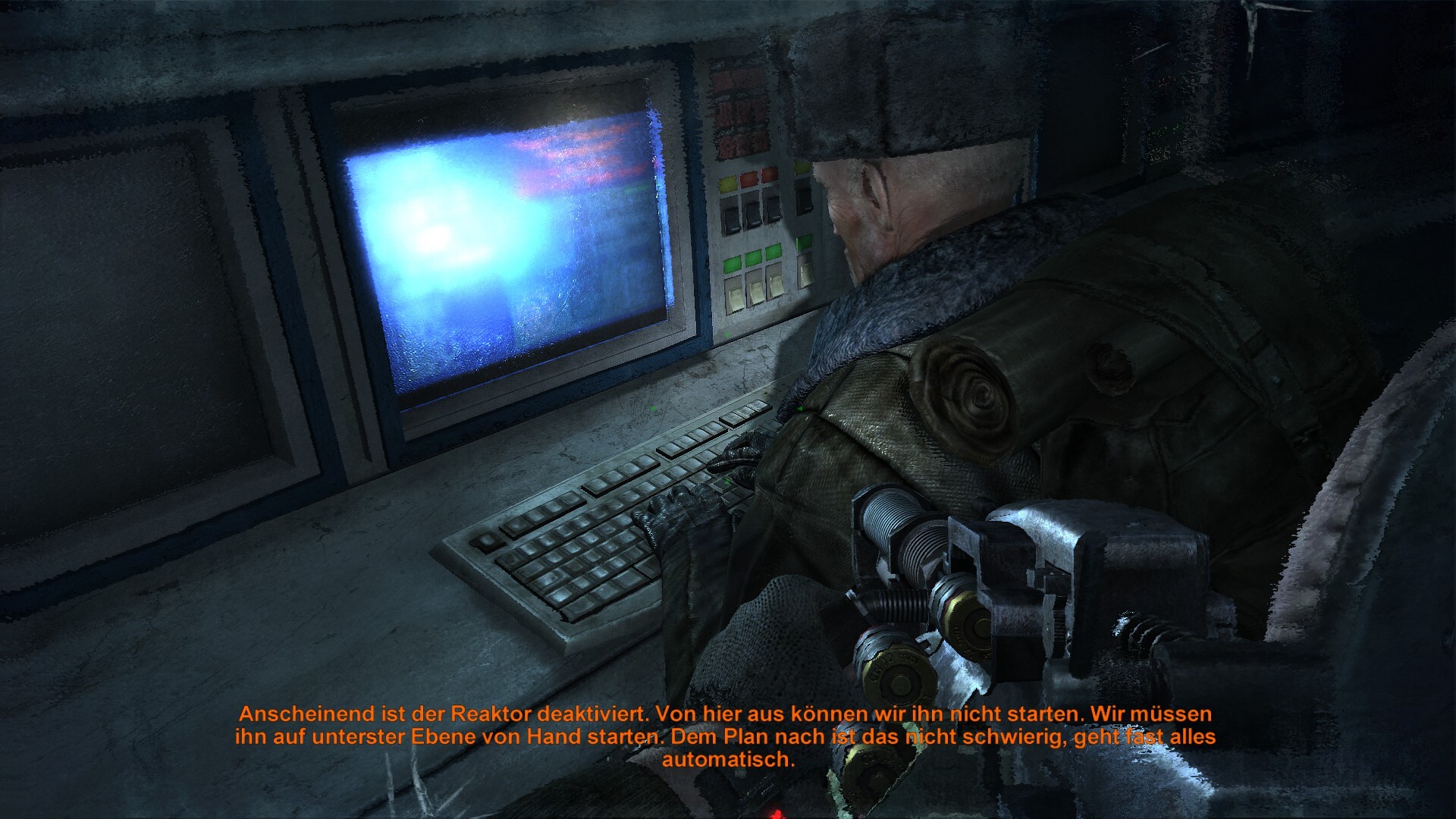 Artyom blickt durch ein Fernglas auf eine von Mutanten verseuchte Brücke